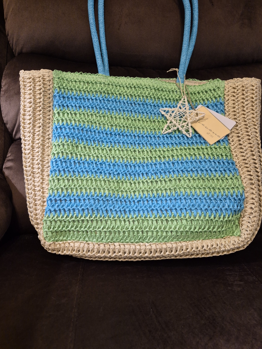 Vintage Havana Blue & Green Striped Straw Satchel